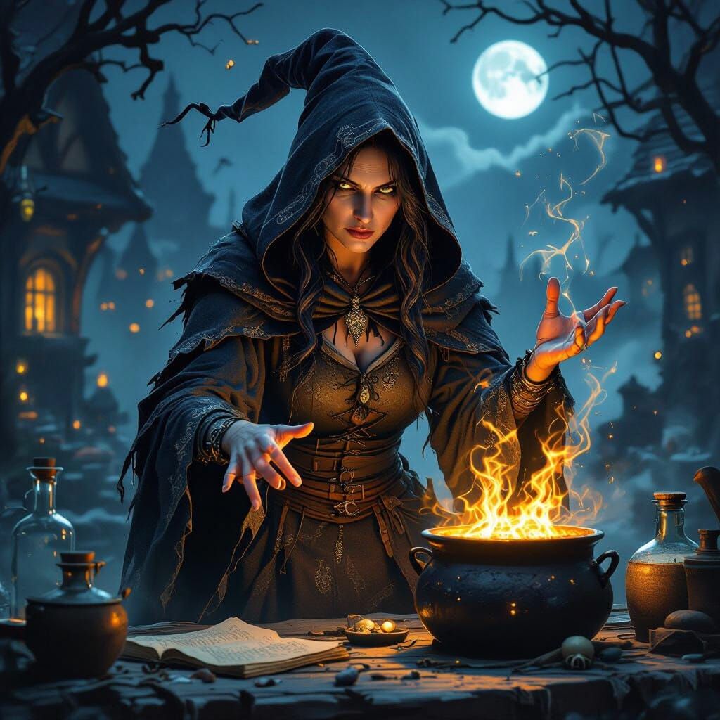 Gothic Witch Casting Arcane Spell Under Full Moon