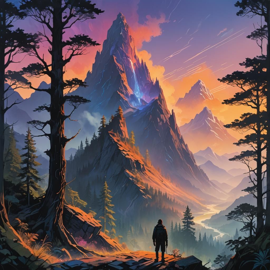 Traveler at Glowing Forest Edge: Magical Realism