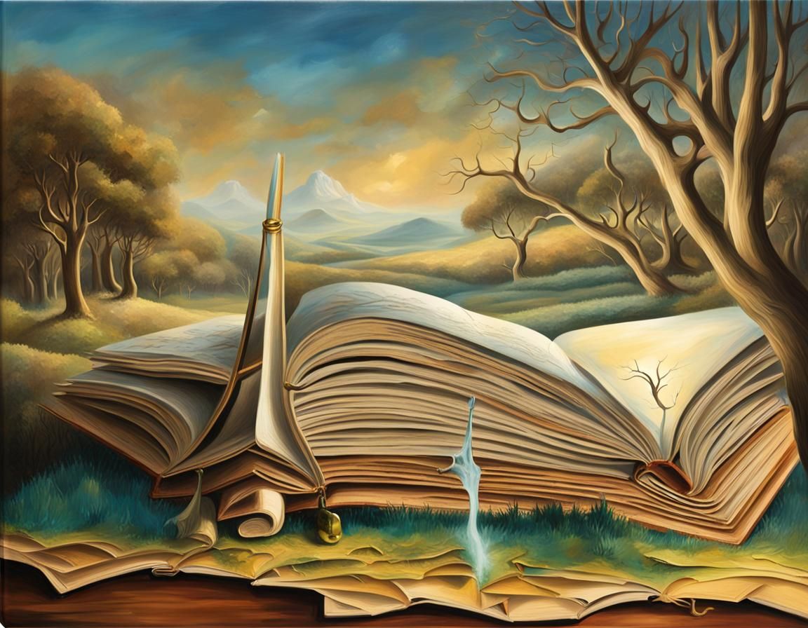 Surreal Book Landscape in Oil Painting Style