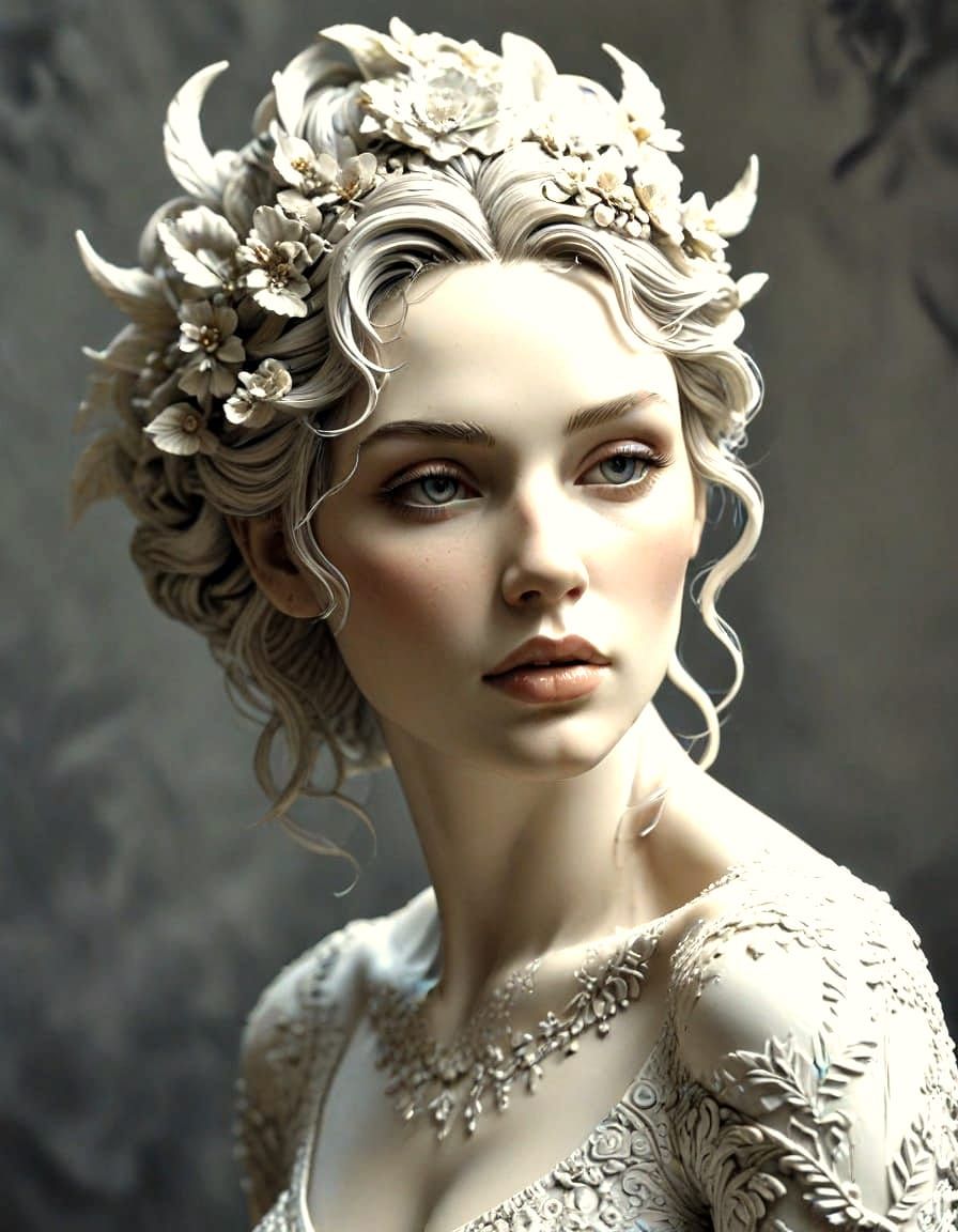 Sculpted Hyperrealistic Beauty in Ornate Textured Acrylic