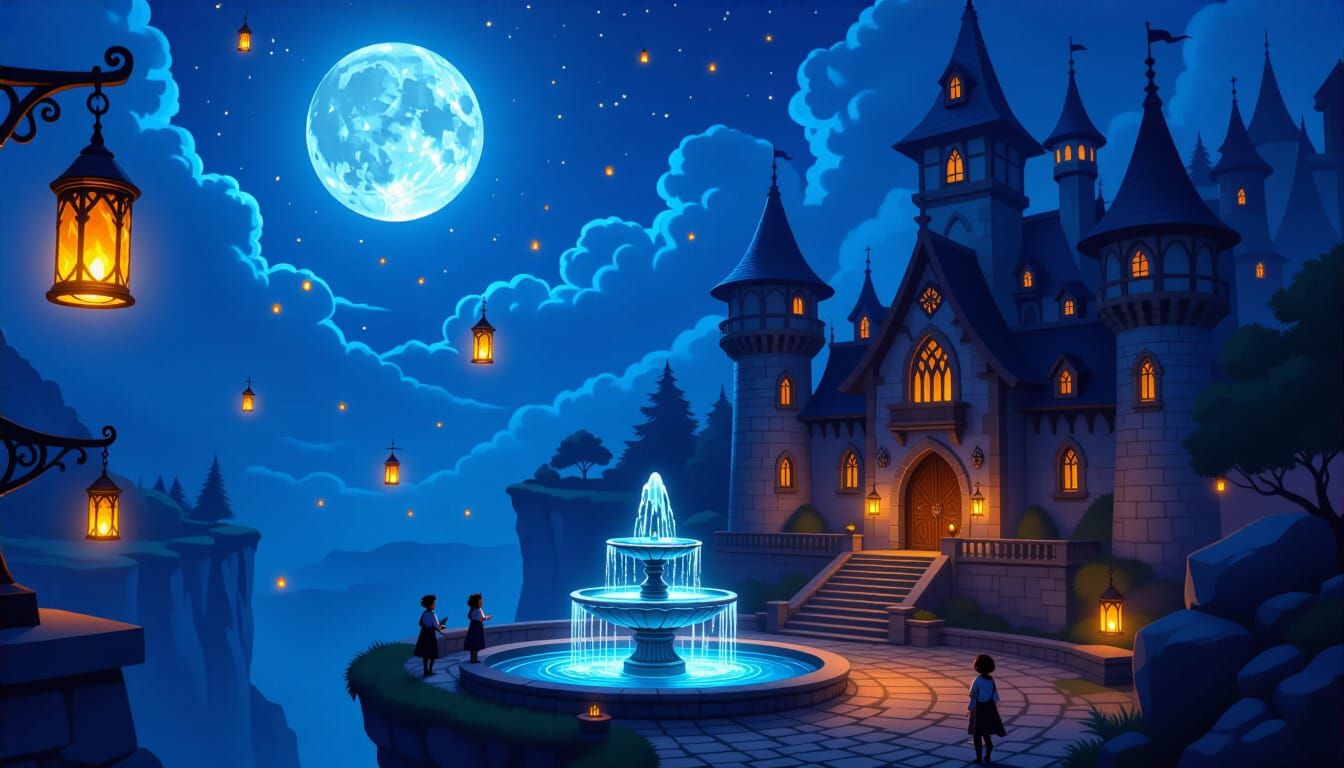Enchanted Academy of Spellcraft Under Moonlight