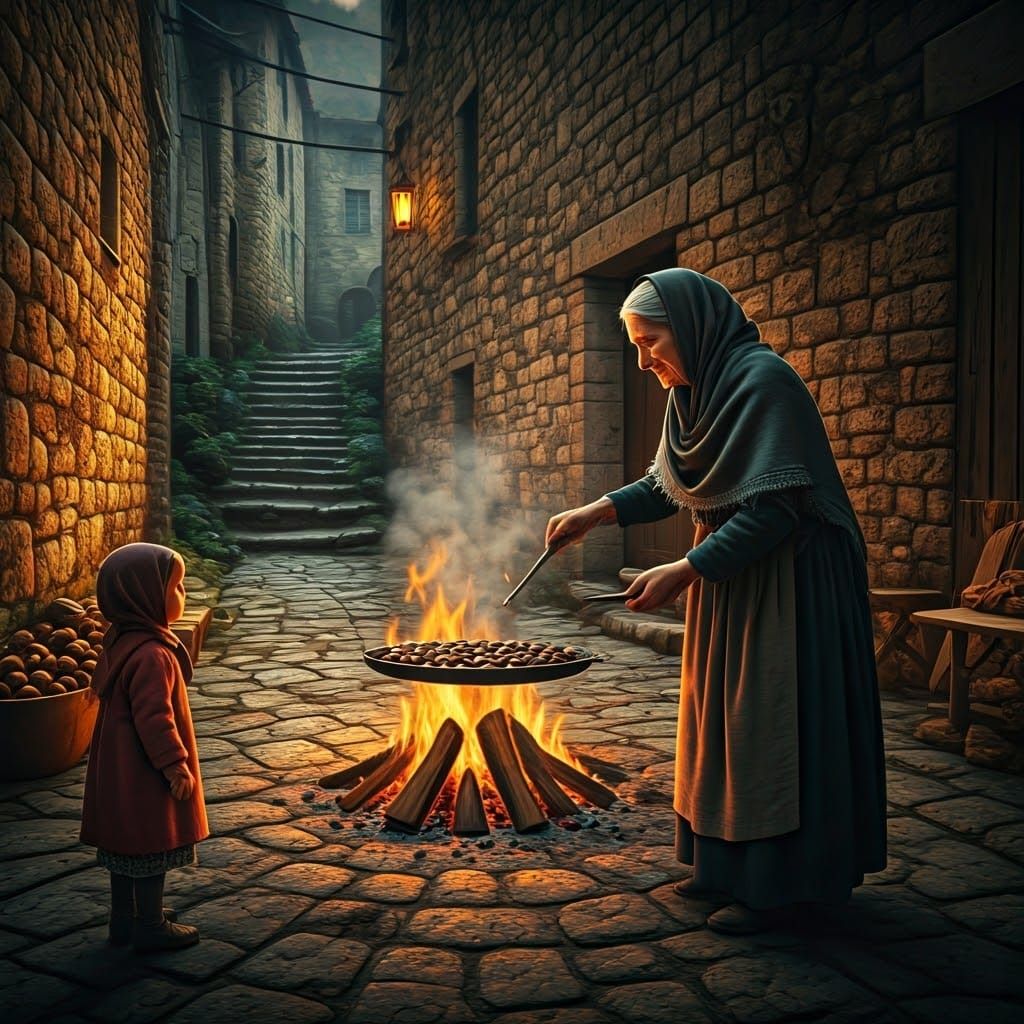 Italian Village Autumn Chestnut Scene in Film Style