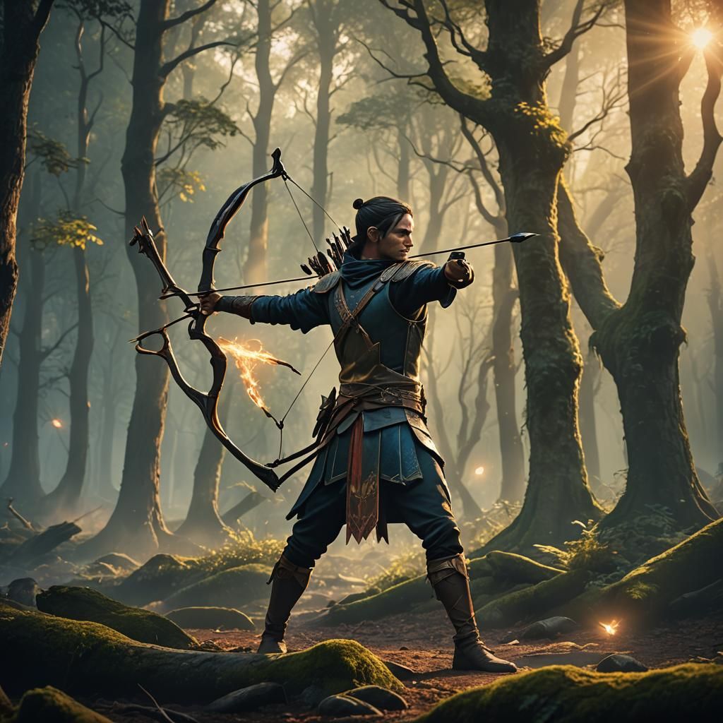 Mythic Archer Unleashes Arrow in Mystic Forest