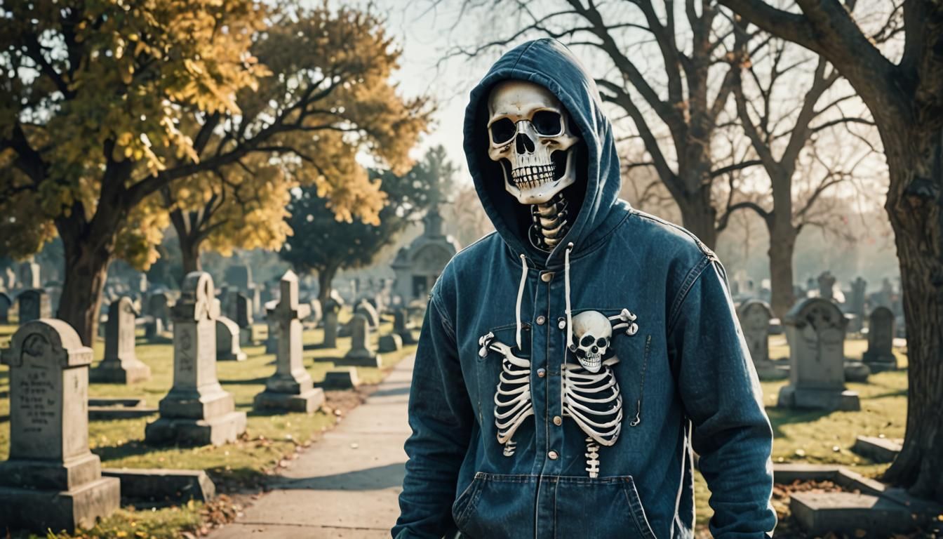Skeleton Smokes in Cemetery: Conceptual Portrait Photography