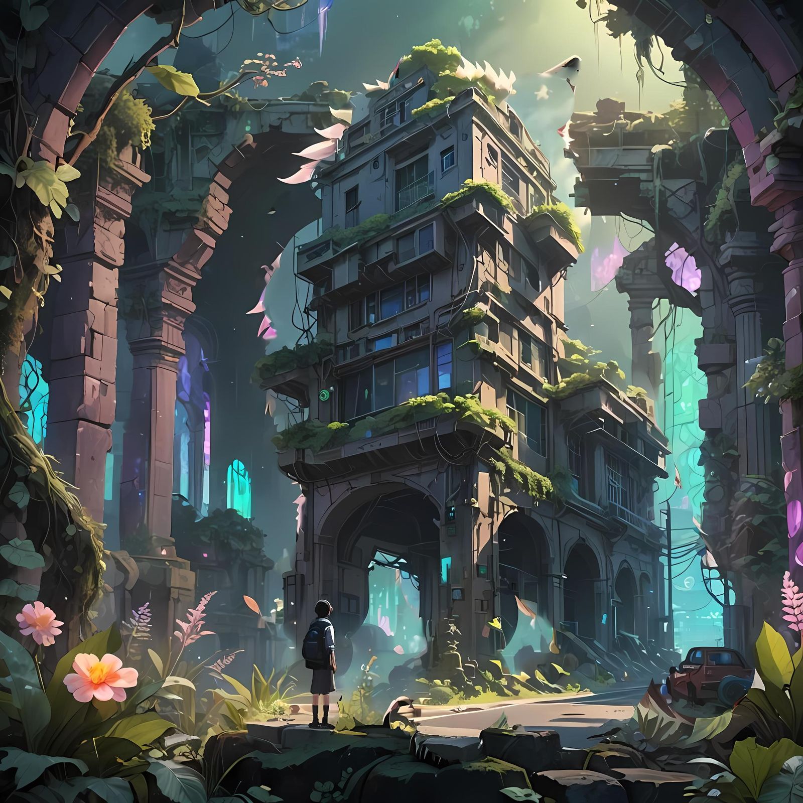 Ghibli Animal in Ruined City, Anime Style