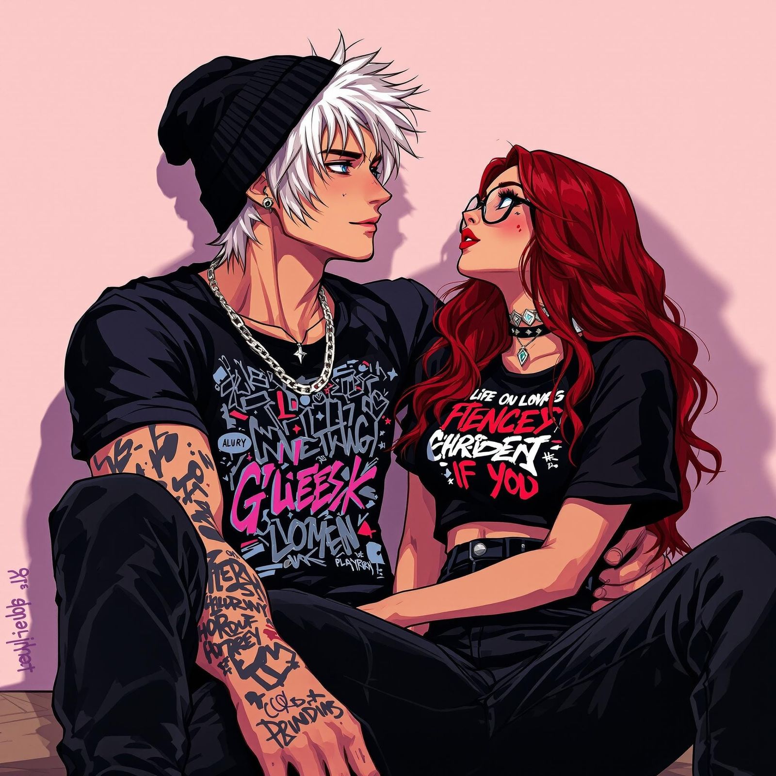 A handsome, alternative guy with short, yet lenghty white blonde hair, slender but muscled build, wearing a sleek black ...