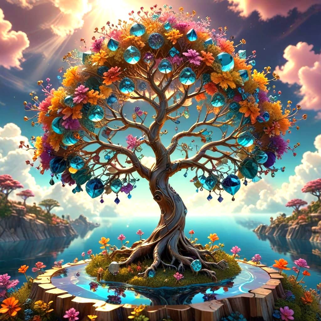 Fractal Jewel Tree on Floating Island: Digital Art