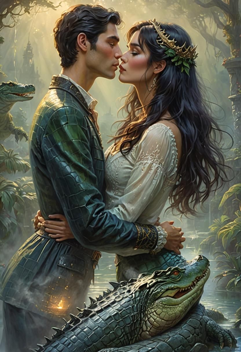 Woman's Kiss: Ethereal Fantasy Crocodile Encounter