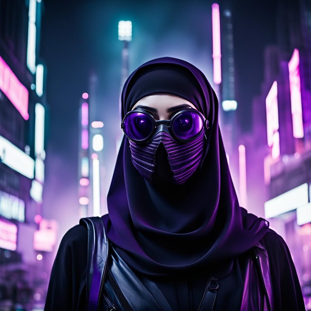 Cyber Girl in Polluted Neon City, Hyperrealistic Portrait