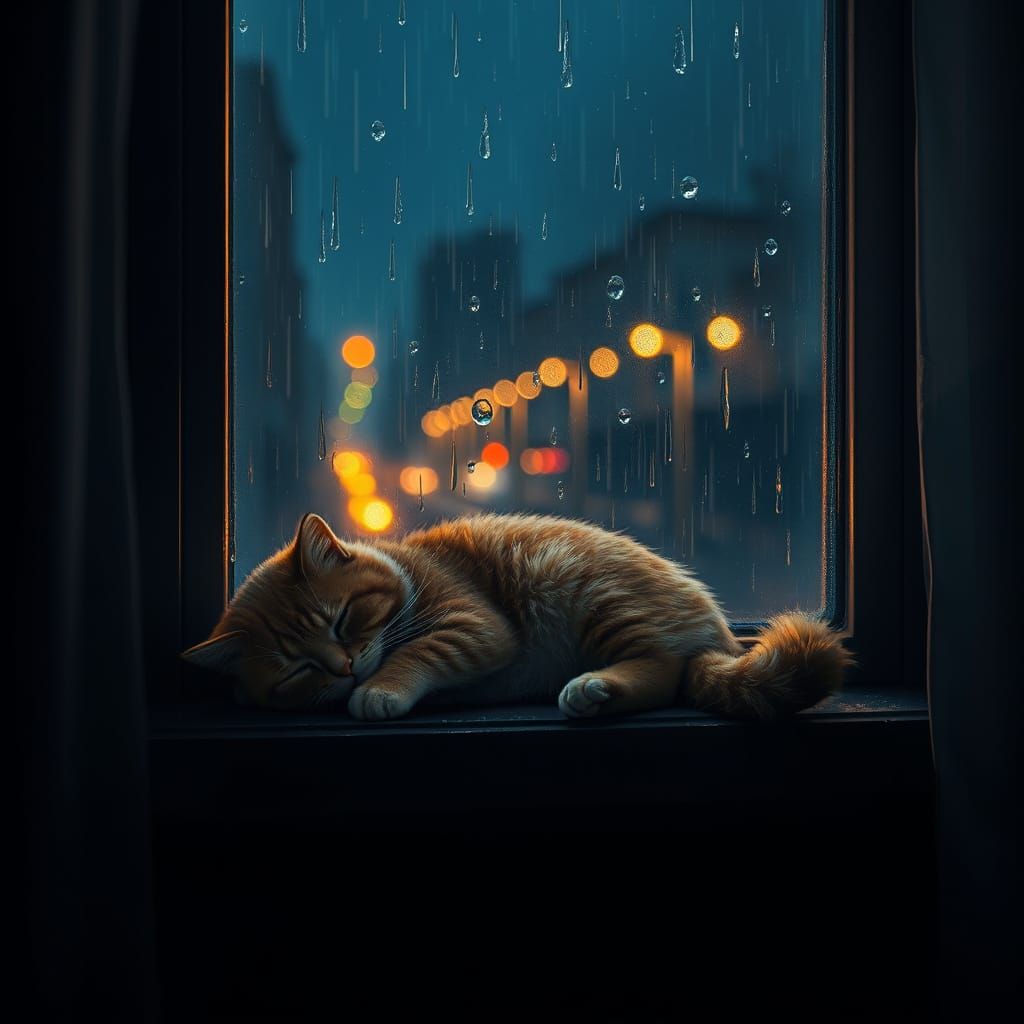 Cozy Cat Sleeping on Rainy Night Window