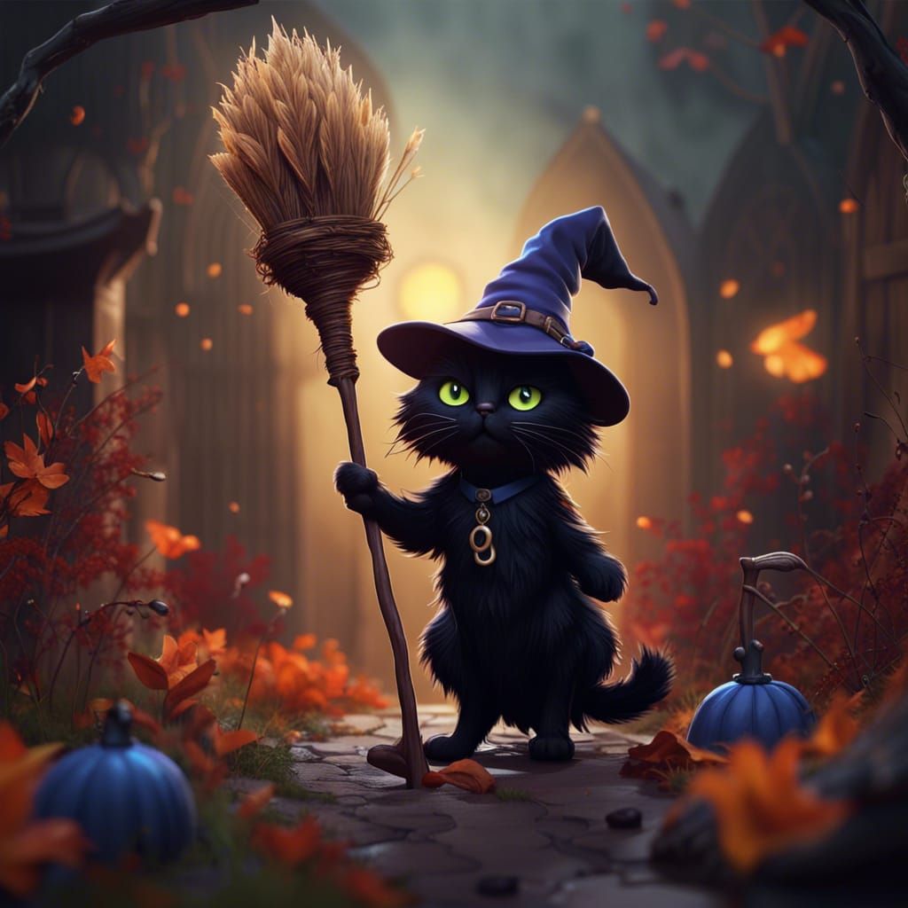 Cute Witch and Black Cat in Detailed Matte Painting