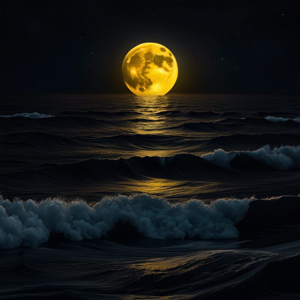 Yellow Moon Rising: Hyperrealistic Ocean Nightscape
