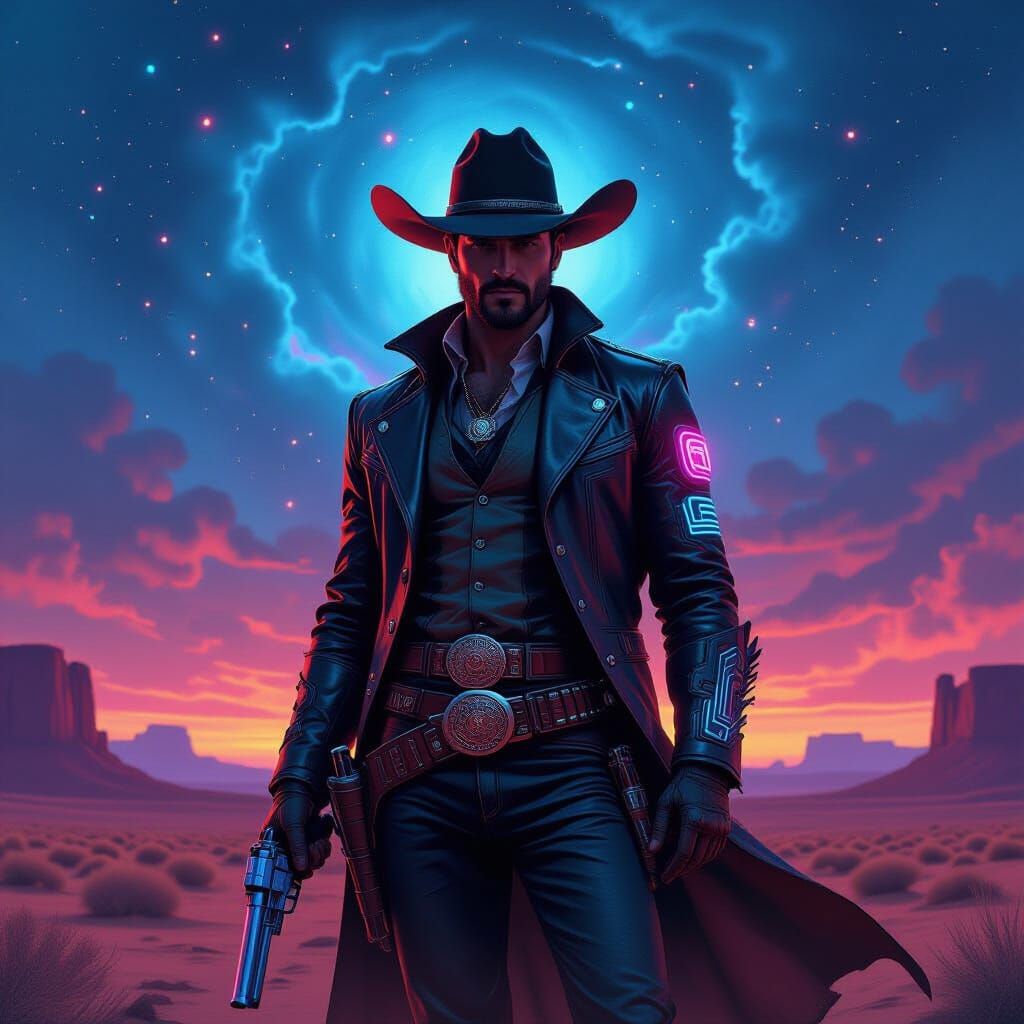 Jazz Cowboy in Retro-Futuristic Cosmic Landscape