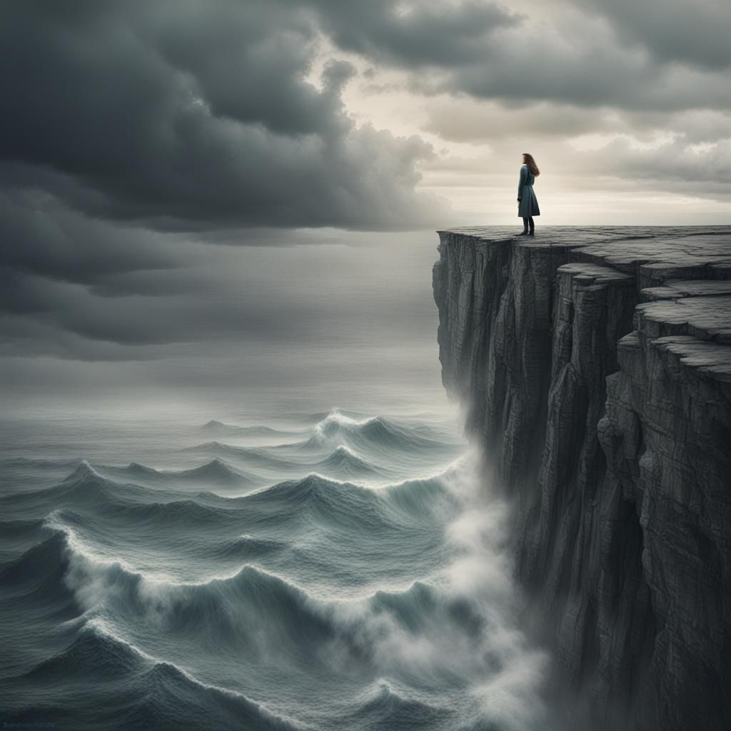 Woman on Cliff Edge Overlooking Ocean
