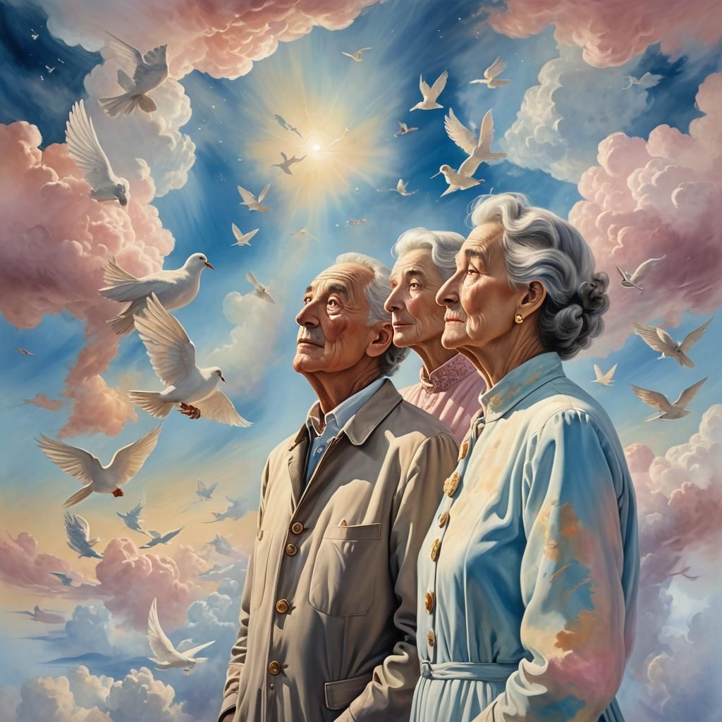 Heavenly Cloudscape of Elderly Couple in Surrealist Style