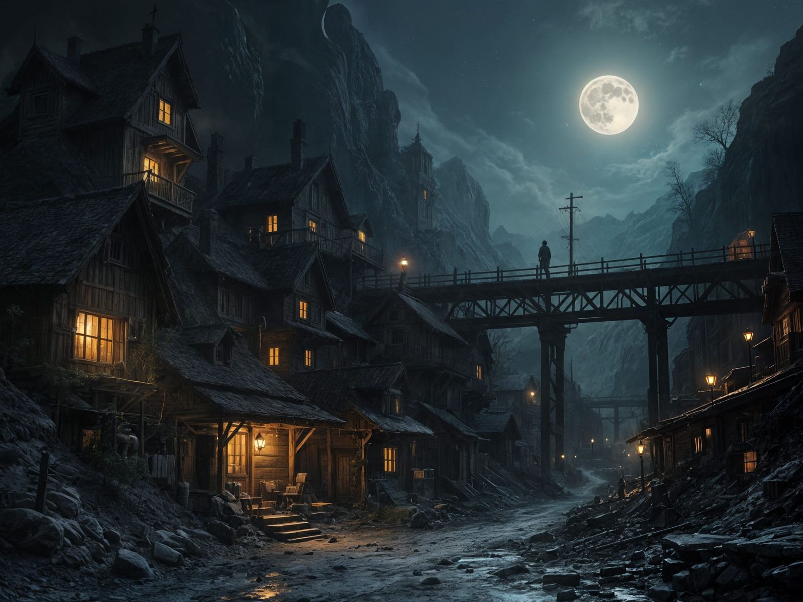 Moonlit Mining Town in Detailed Matte Painting Style