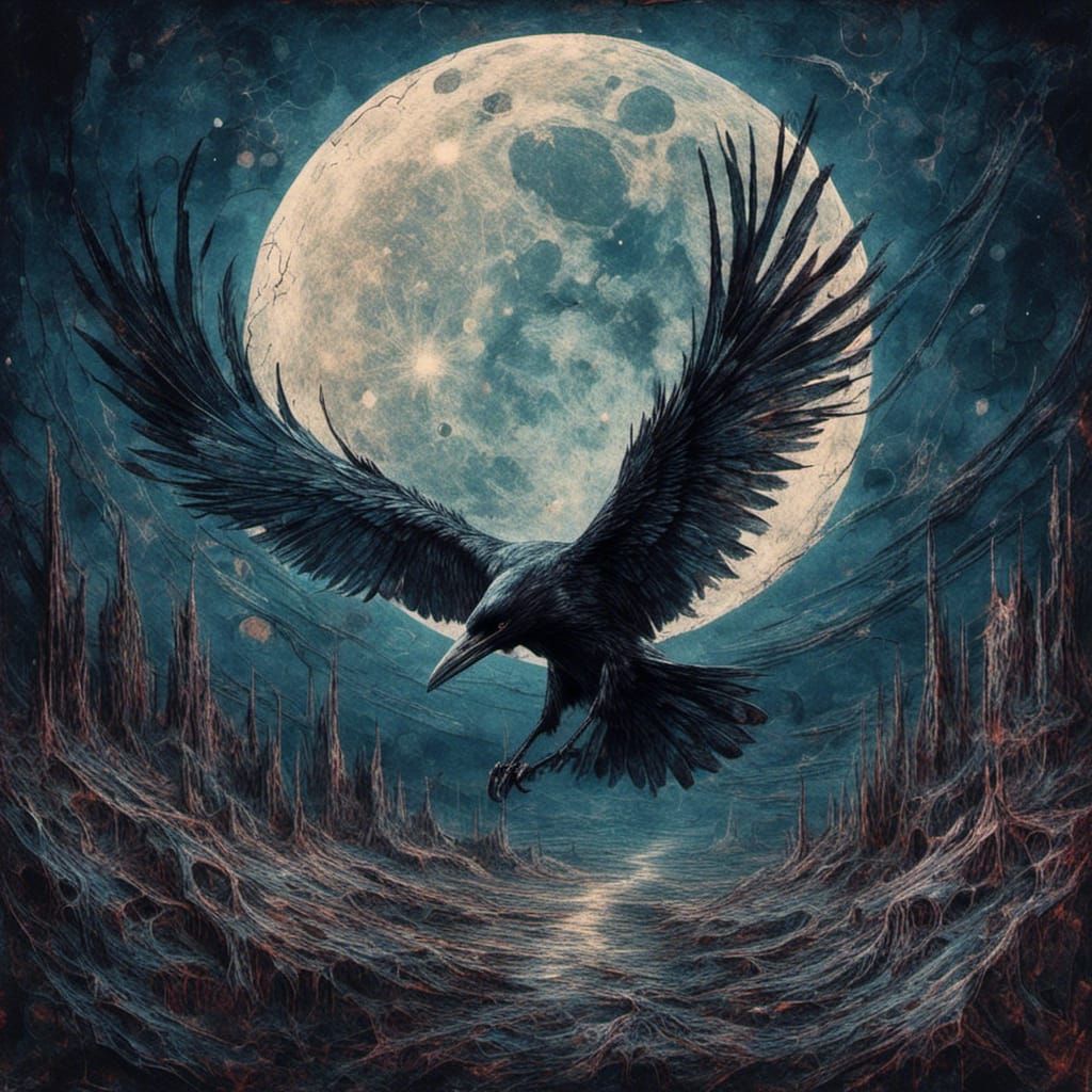 Raven Flying to the Moon in Native Art Style