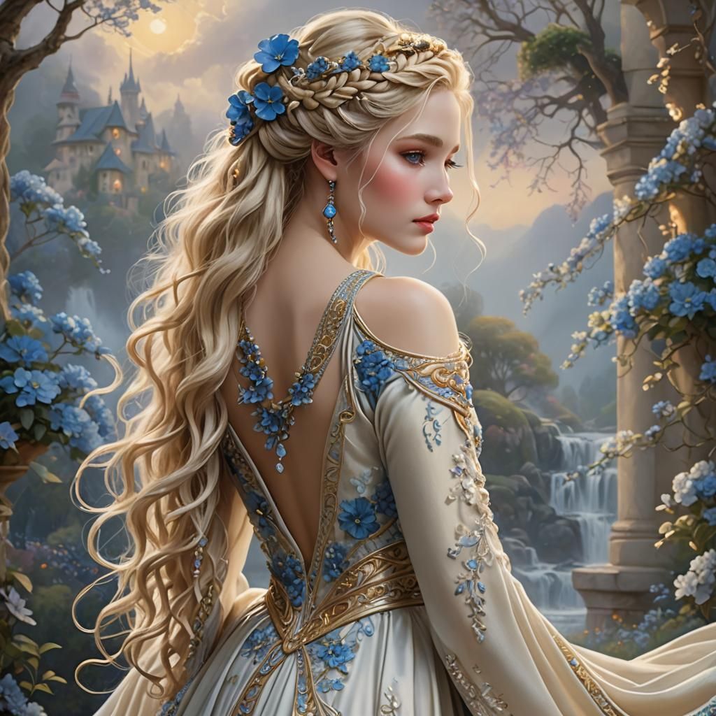 Ethereal Princess in Ivory Gown with Golden Light