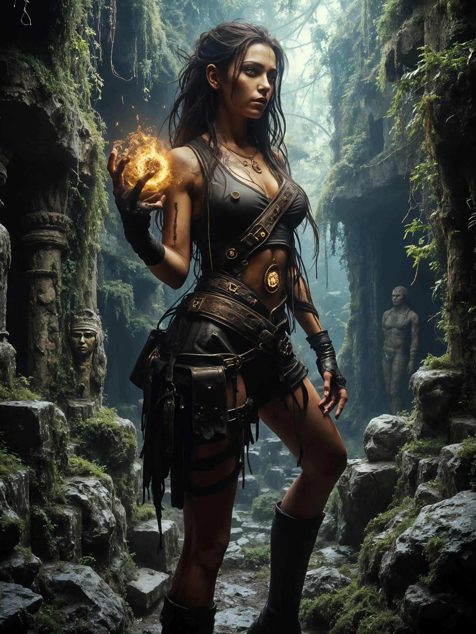 Lara Croft-esque Adventurer with Glowing Relic in Jungle Rui...