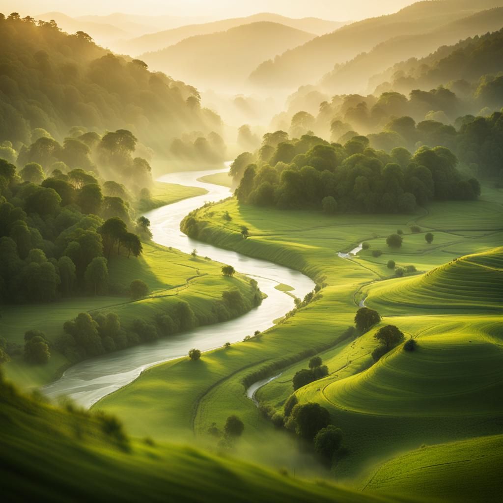 Serene River Flows Through Lush Green Valley