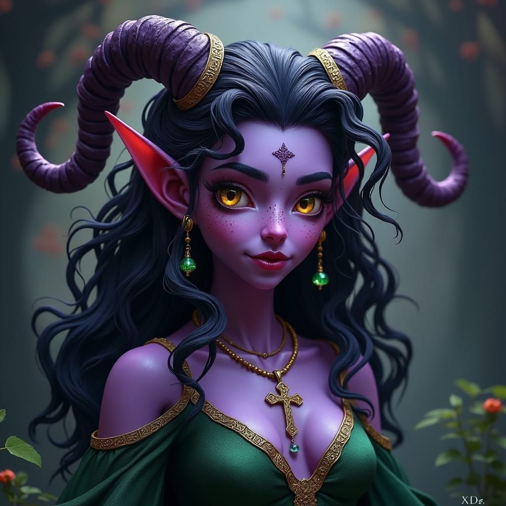 Regal Tiefling Portrait with Emerald Jewelry
