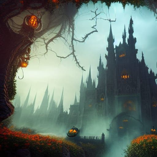 Fantastical Trick or Treat Scene in Matte Painting Style