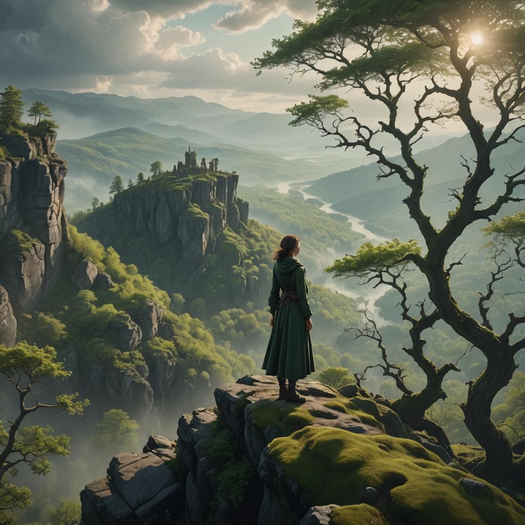 Woman Overlooking Mystical Forest in Digital Painting