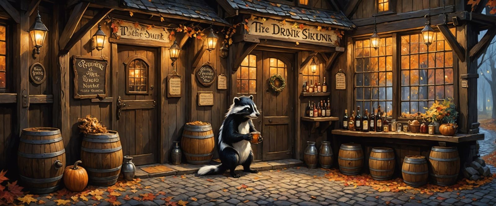 Medieval Tavern in Autumn Forest - Oil and Watercolor Painti...