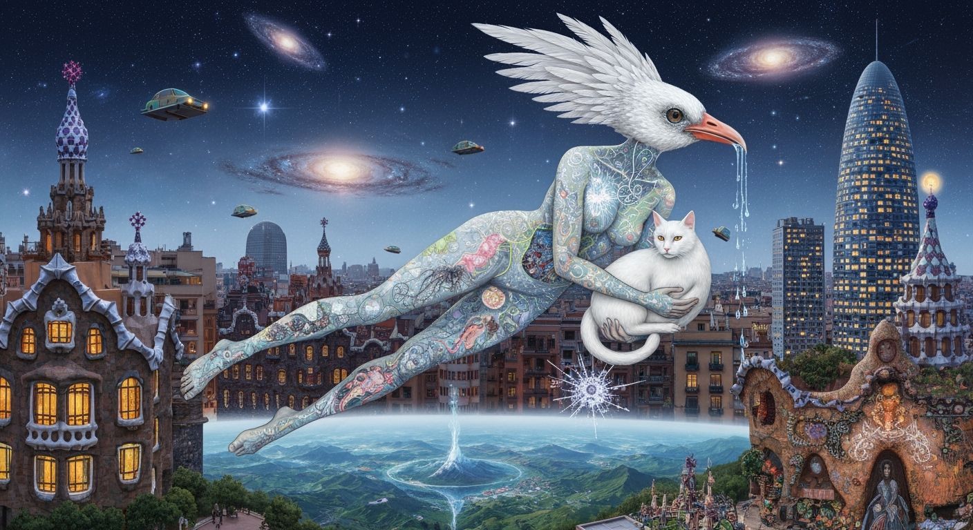 Surreal Gaudí Cityscape with Bioluminescent Figure