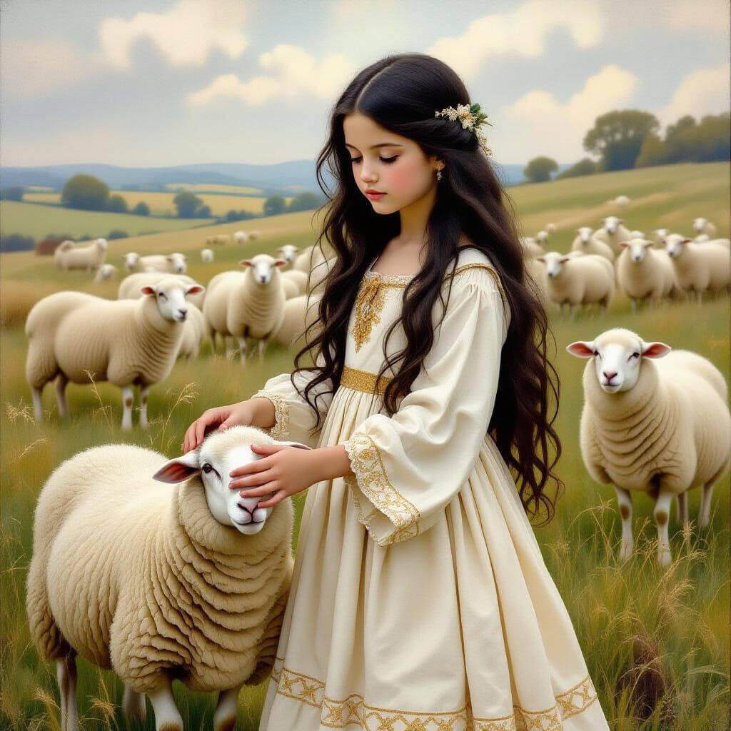 Girl with Sheep in Pre-Raphaelite Style