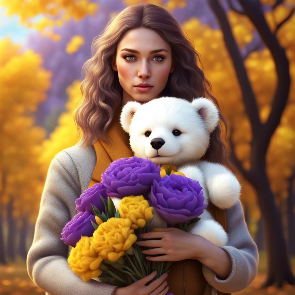 Woman with Teddy Bear and Flowers in Autumn