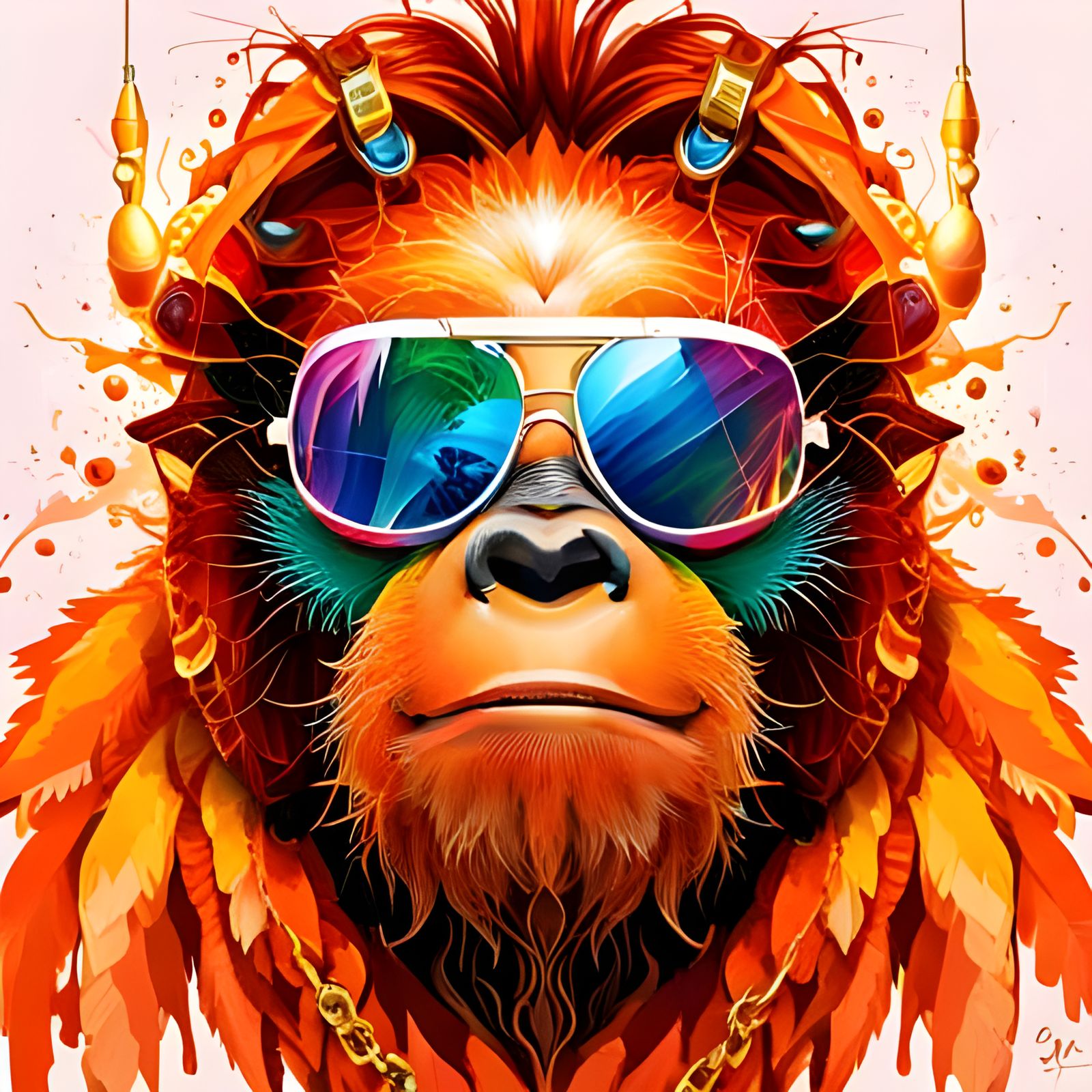 Orangutan Portrait in Sunglasses: Hyperrealistic Splash Art