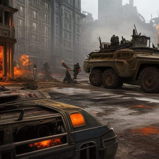 War-Torn Cityscape: Car Navigating Destruction