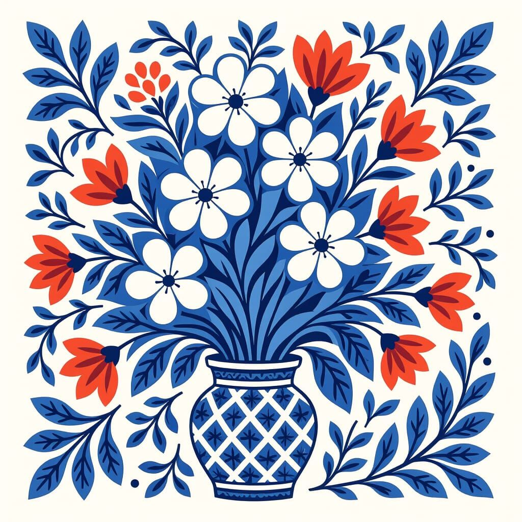 Matisse-Style Floral Bouquet in Blue and White