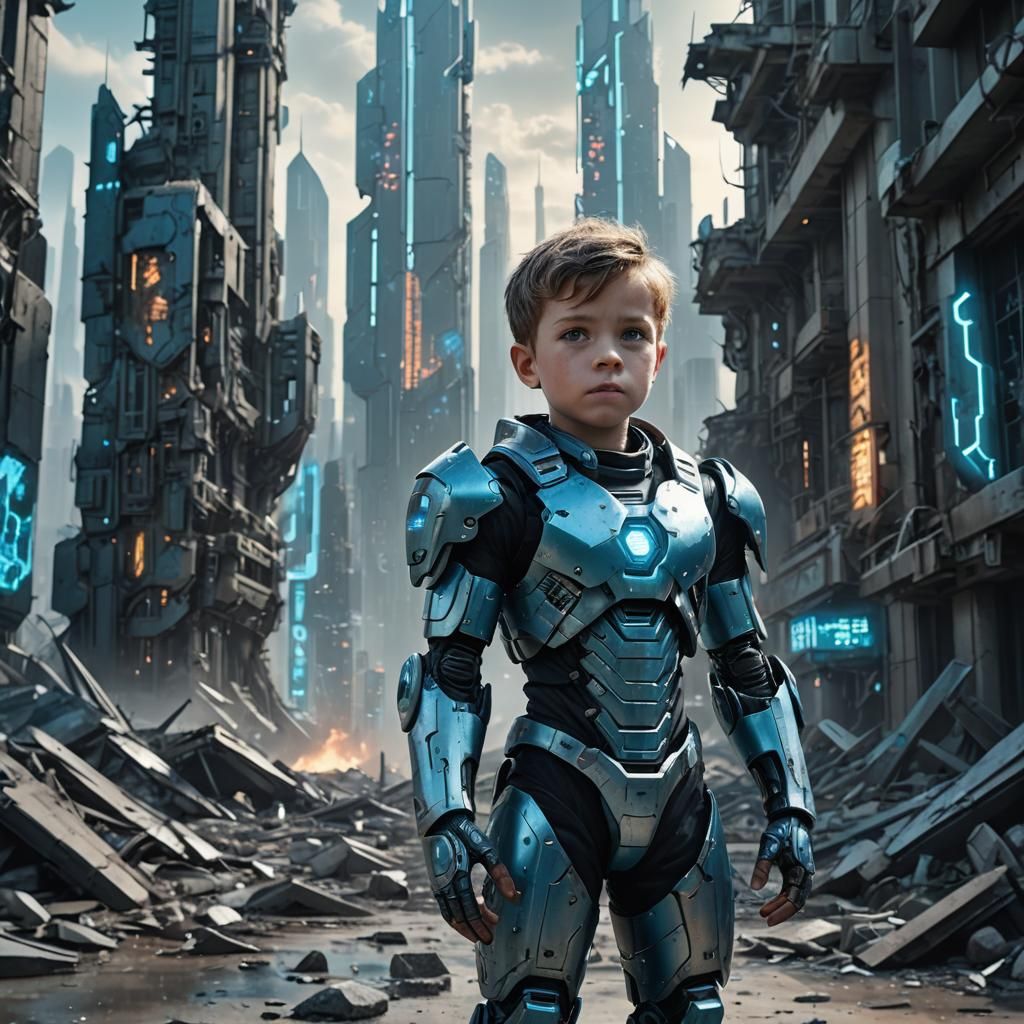 Baby Robot in Ruined City: Sci-Fi Digital Art