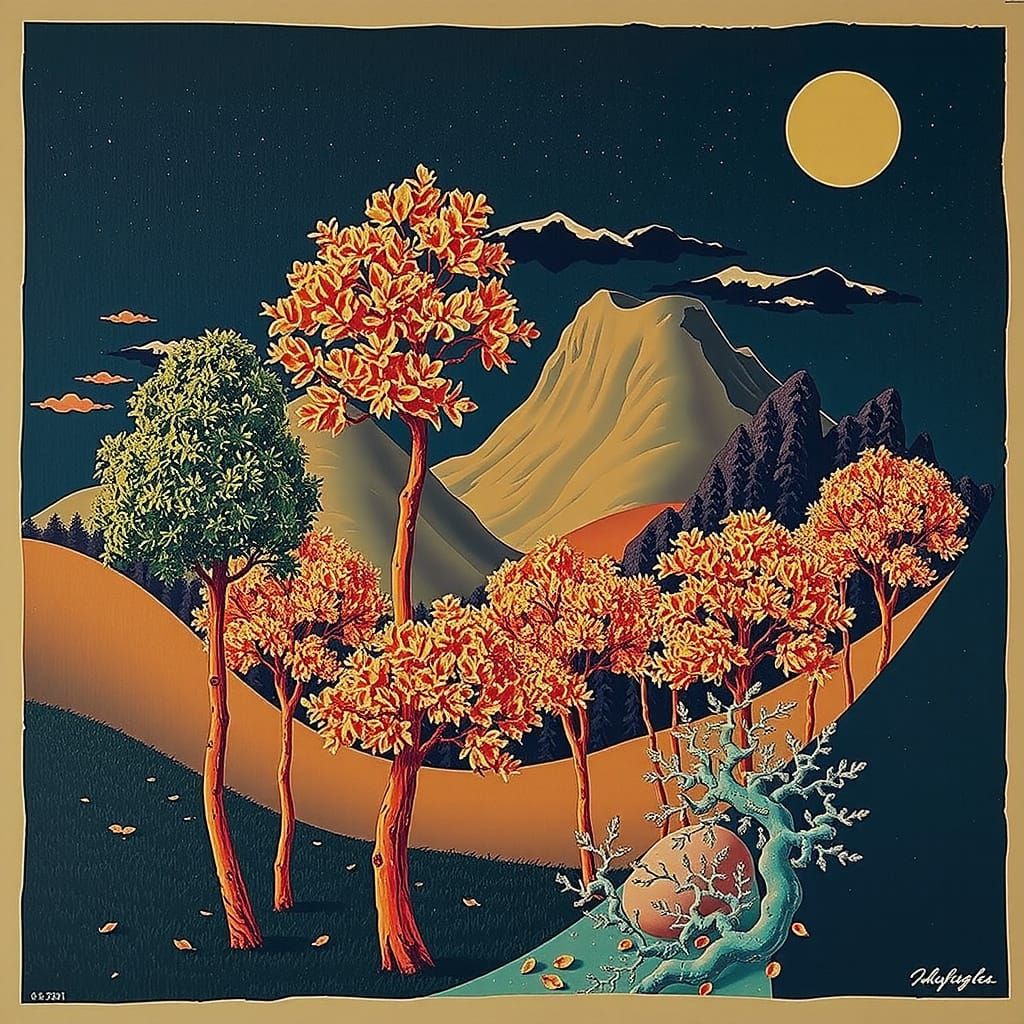 Vibrant Botanic Landscape with Gilded Trees in Sunshine