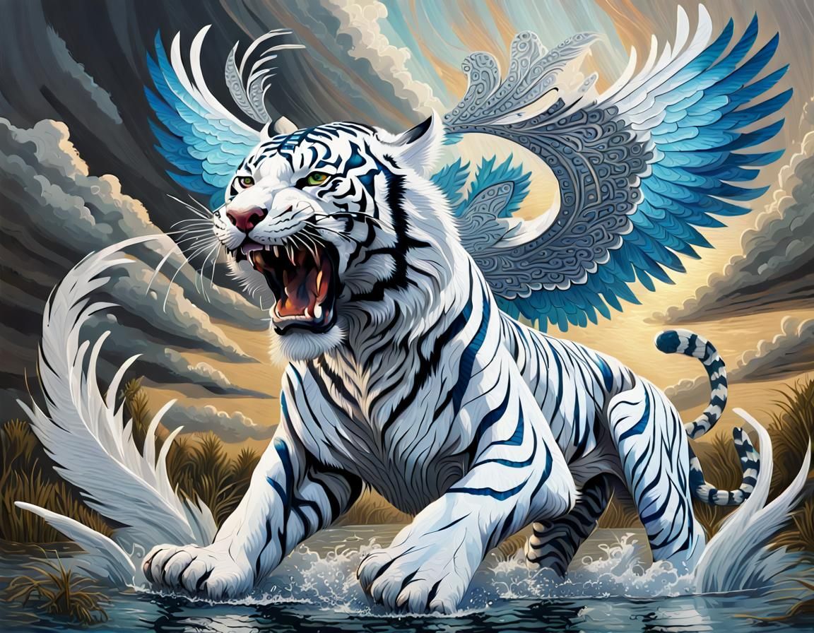 Majestic Winged White Tiger Roaring in Pond
