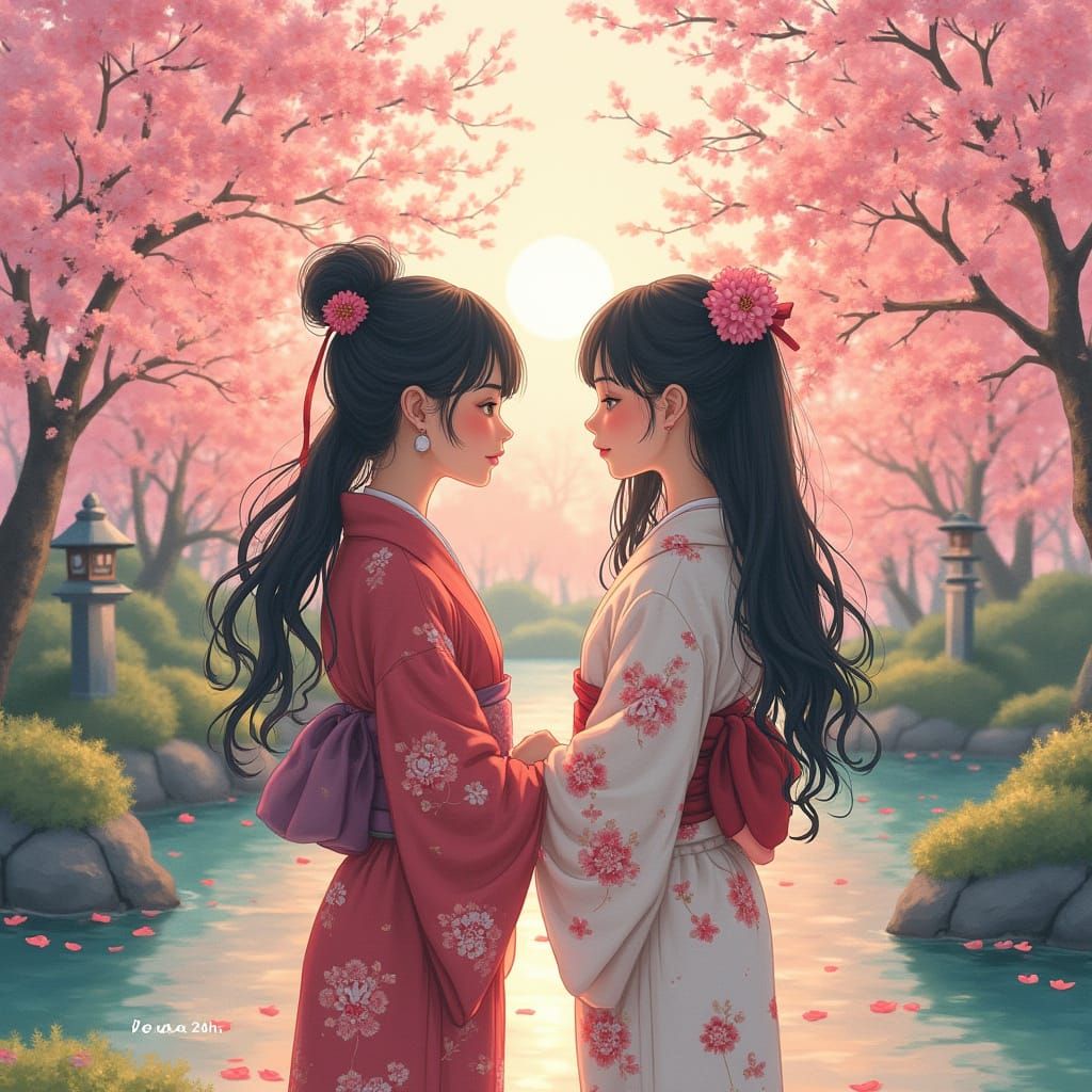 Two Women in Traditional Japanese Attire Under Cherry Blosso...