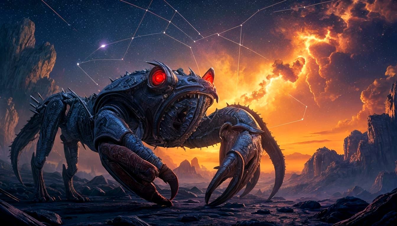 Realistic Cancer Constellation with Red Eyes in Dark Fantasy...