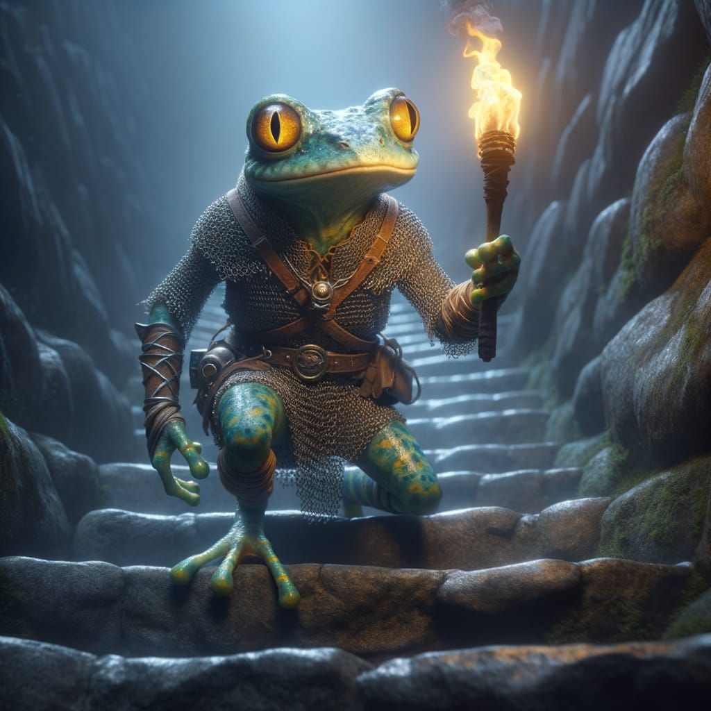 Ultrarealistic Fantasy Frog Descends Ancient Steps in Dramat...
