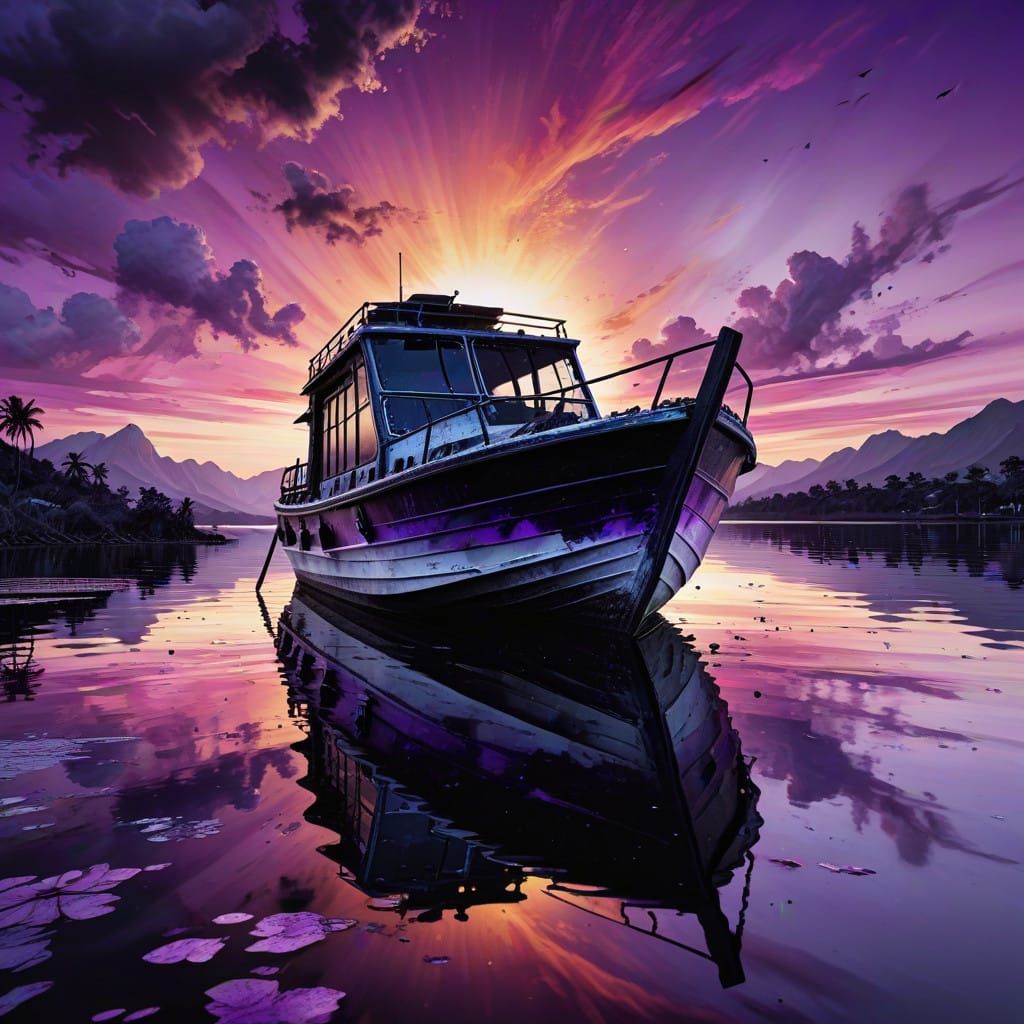 painting of a boat on the lake, black white purple sunset, black on purple, black and white coloring, atmos...