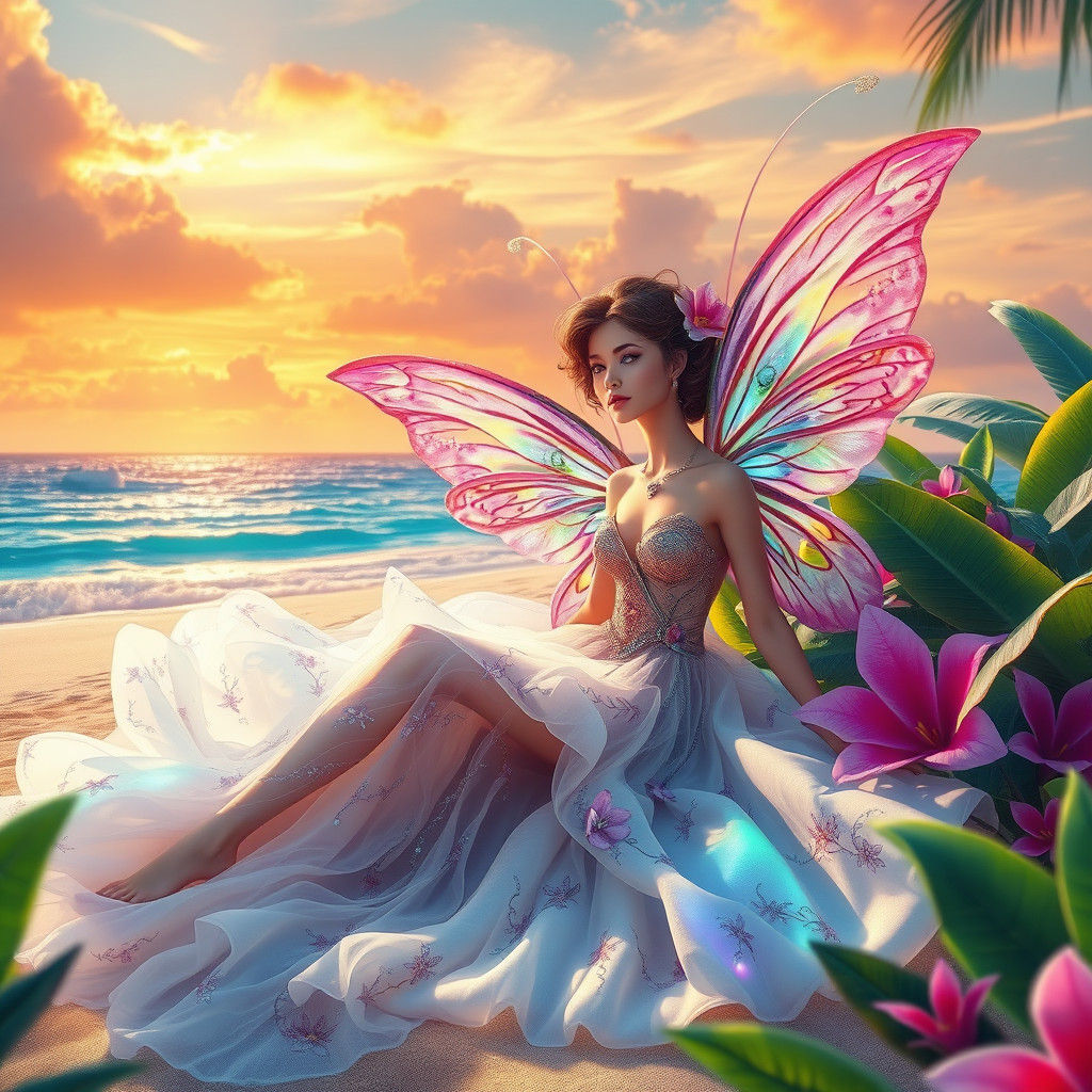 Summer Fairy Lounging on Tropical Beach