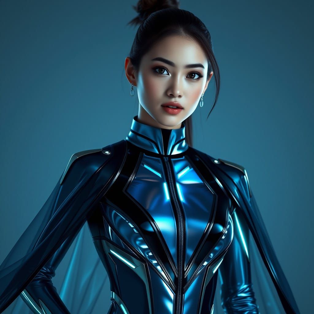 Glowing Futuristic Woman in Dynamic Jumpsuit and Cape