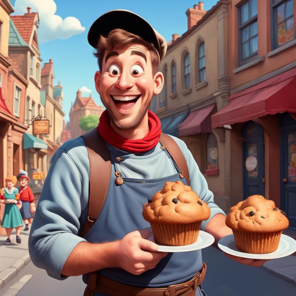 Muffinman's Joyful Walk: A Disney Cartoon Scene