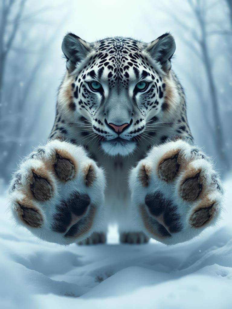 Epic Snow Leopard Approaches in Majestic Winter Frost