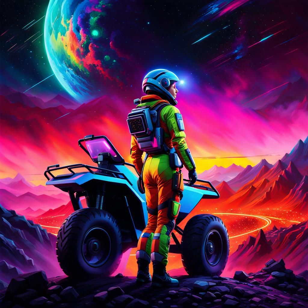 Woman Constructs Mountain Under Stars as Oil Painting