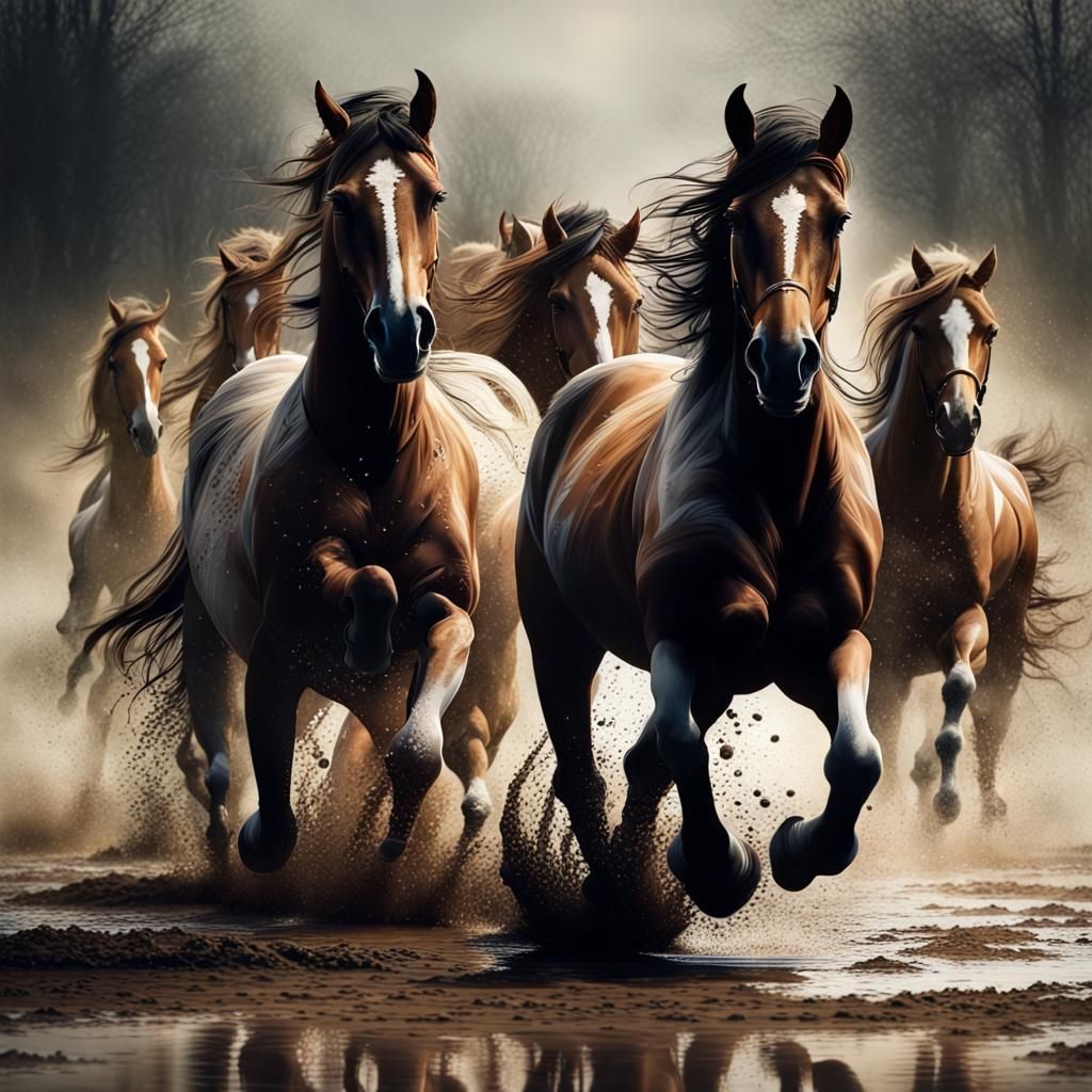 Horses Galloping in Mud: Atmospheric Watercolor Digital Pain...