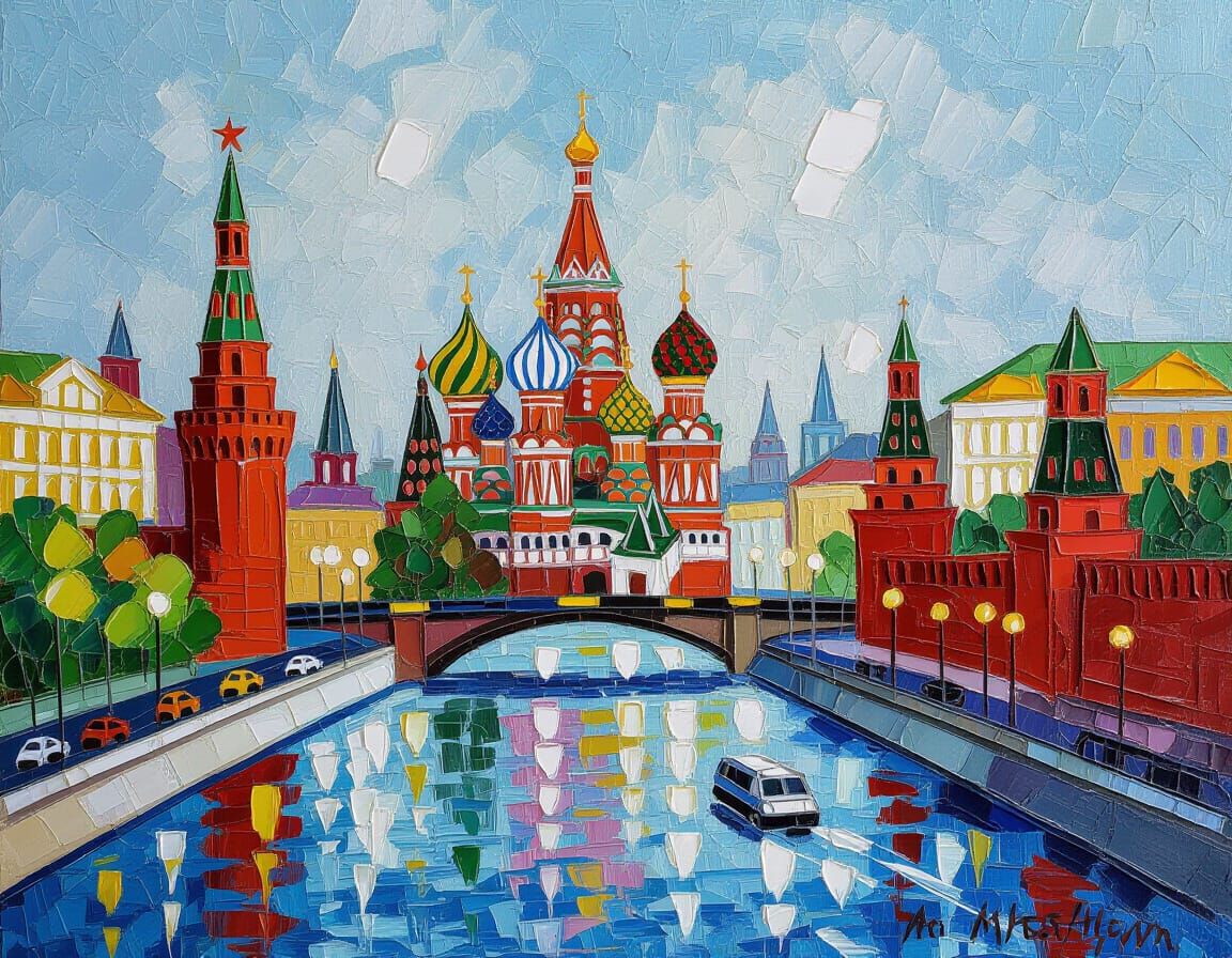 Colorful Moscow Cityscape as Impasto Painting