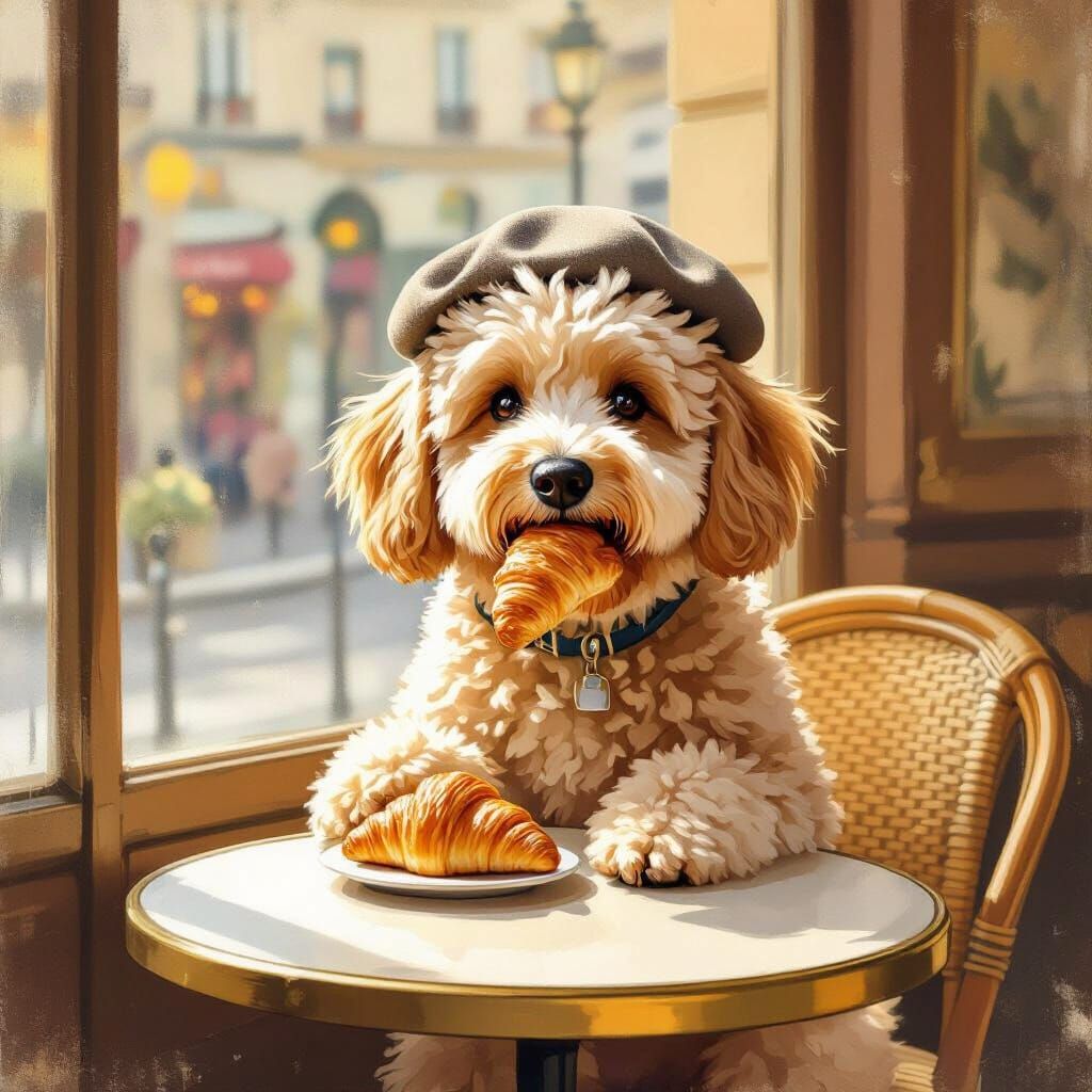 Groodle Dog Enjoys Croissant in Parisian Cafe