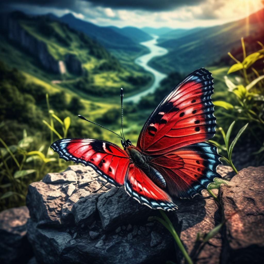 Hyperrealistic Red Butterfly in Epic Landscape